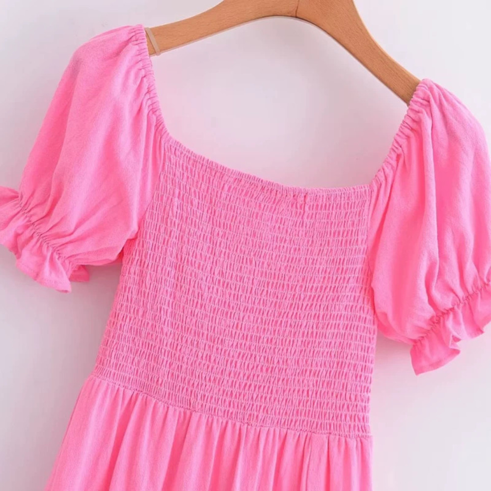 ZARA Square Neck Short Sleeve Shirred Dress
